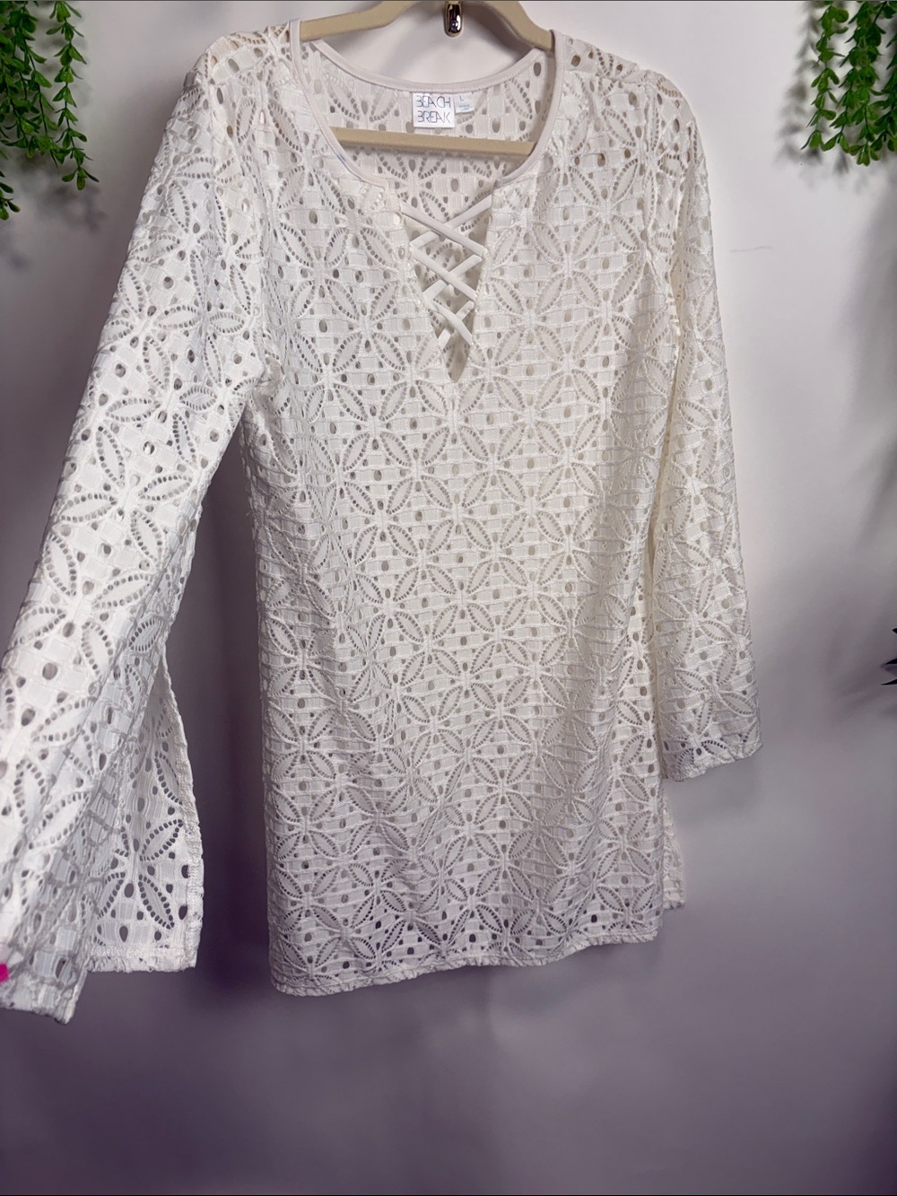 Lace V-Neck Tunic with Crisscross Detail - White